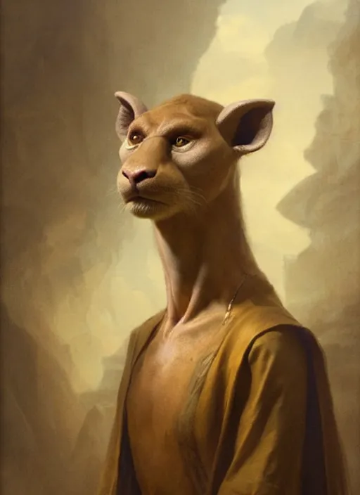 Prompt: a beautiful closeup shot from a fantasy film of a humanoid fossa wearing a loose tunic. an anthropomorphic fossa. portrait. joseph ducreux, greg rutkowski.