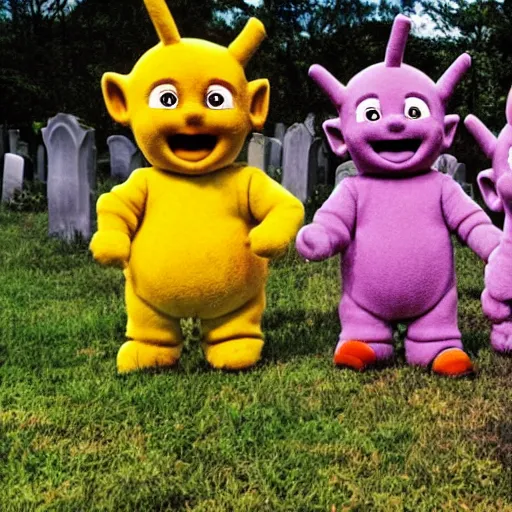 Prompt: Teletubbies on an old cemetery