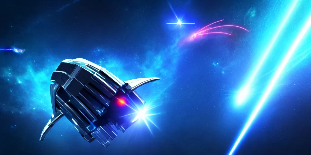 Image similar to A hi-tech chrome-plated curve-shaped long combat spaceship with blue laser weapons flying to the Earth through a blue space nebula, realistic 4k octane beautifully detailed render, 4k post-processing, highly detailed, intricate complexity, epic composition, magical atmosphere, cinematic lighting, masterpiece, ultra hd