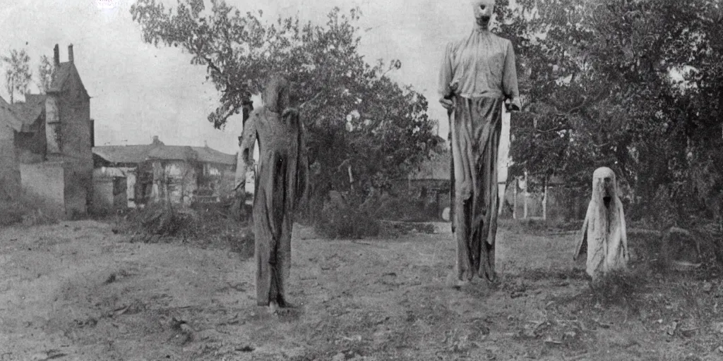 Image similar to scary unproportionable tall ghost creature in the middle of a village, 1900s picture