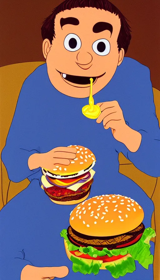 Image similar to nickelodeons doug eating a hamburger 1 9 9 1. portrait by jean giraud and anton otto fischer