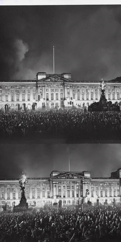 Prompt: the fall of the united kingdom, buckingham palace on fire at midnight