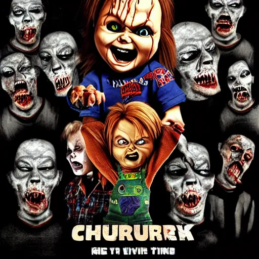 Prompt: Chucky versus the living dead movie poster