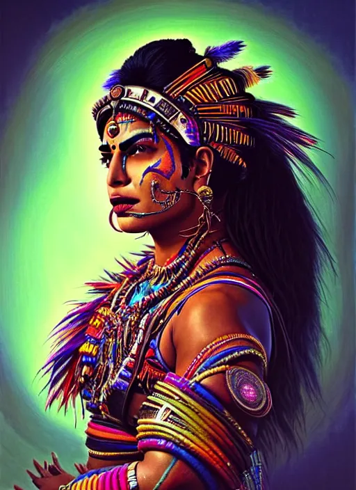 Image similar to portrait of priyanka chopra, hyper detailed ultra sharp aztec shaman warrior. trending on artstation, warpaint aesthetic, bloodwave, colorful, psychedelic, ornate, intricate, digital painting, concept art, smooth, sharp focus, illustration, art by artgerm and greg rutkowski and h. r. giger, 8 k