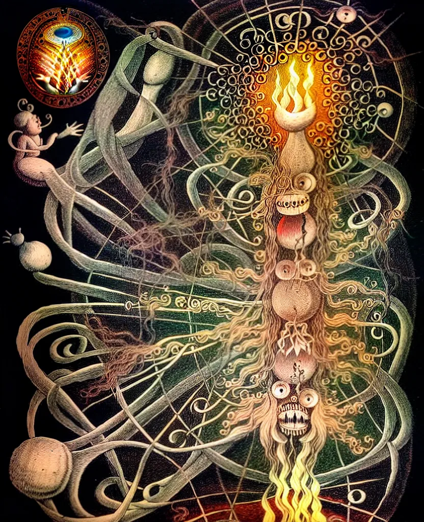 Image similar to whimsical freaky creature sings a unique canto about'as above so below'being ignited by the spirit of haeckel and robert fludd, breakthrough is iminent, glory be to the magic within, painted by ronny khalil