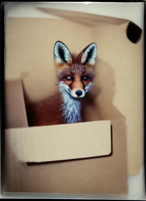 Image similar to faded polaroid photo of curious baby fox inside a cardboard box on a truck trailer