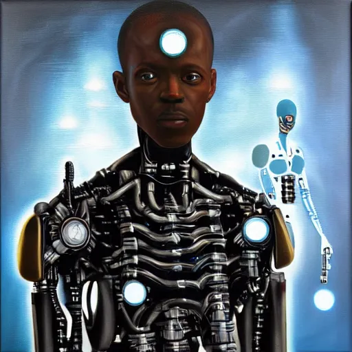 Image similar to a realistic oil painting of a black man as a cybernetic cyborg, surrealism portrait, surrealism album cover