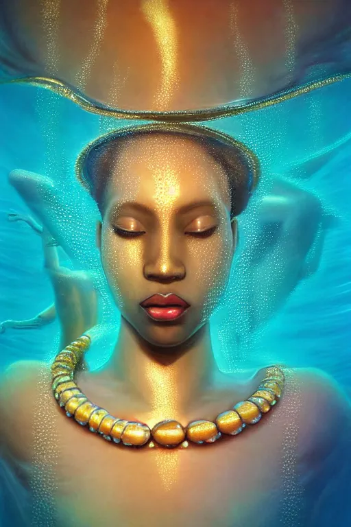 Image similar to hyperrealistic futurist whole body cinematic very expressive! translucent oshun goddess underwater scene, gold jewerly, highly detailed face, digital art masterpiece, smooth eric zener cam de leon, dramatic pearlescent turquoise light on one side, low angle uhd 8 k, shallow depth of field