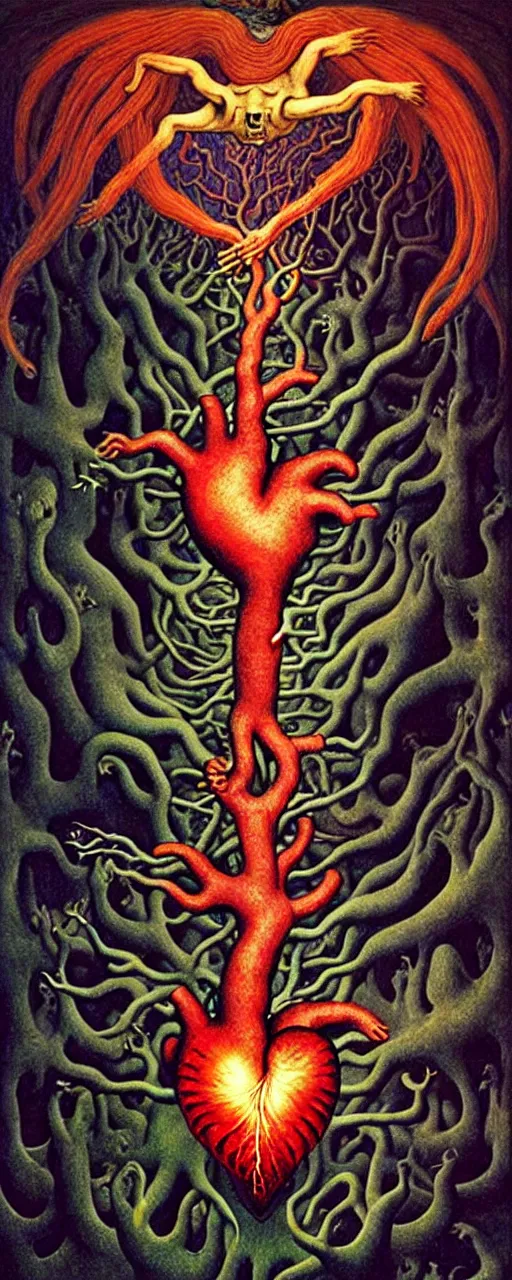 Image similar to mythical creatures and monsters in the visceral anatomical human heart imaginal realm of the collective unconscious, in a dark surreal mixed media oil painting by johfra, mc escher, dramatic lighting from inner fire