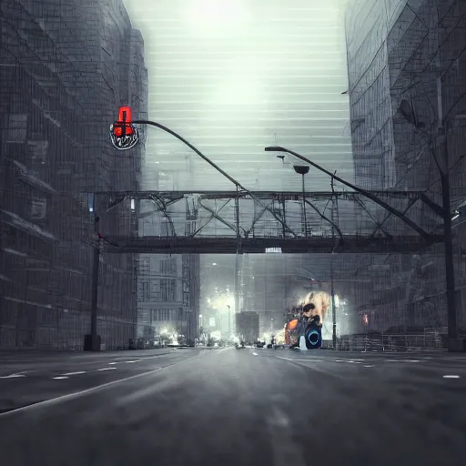 Image similar to dark and grey moody foggy extremely detailed and complex poster for playstation one pixelated polygon night time motorcycle video game, night time, motorcycle, fog, mist, buildings, city, traffic signs, barriers