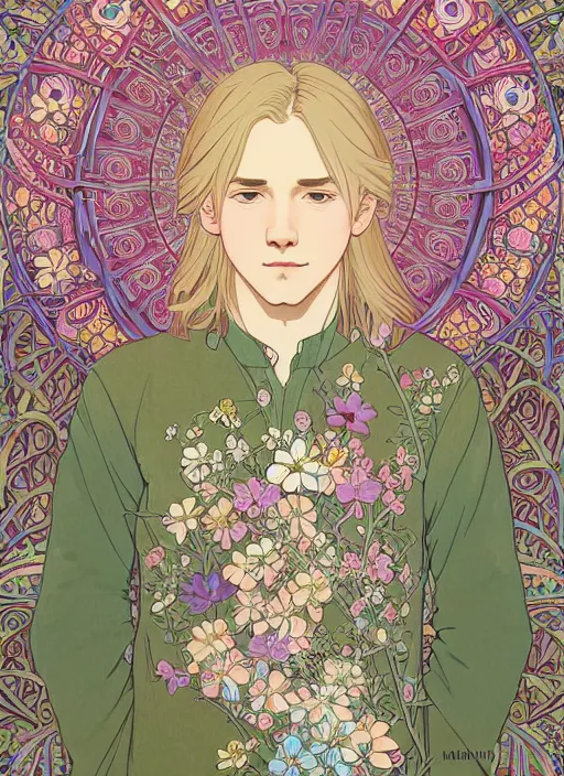 Prompt: pretty young man with shoulder length blond hair, male, half body shot, flower pattern background, path traced, highly detailed, high quality, digital painting, by studio ghibli and alphonse mucha, leesha hannigan, hidari, art nouveau, chiho aoshima, jules bastien - lepage