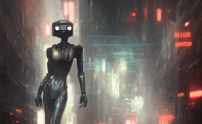 Image similar to a painting of a sensual robot from metropolis trending on artstation in the style of greg rutkowski, blade runner, cyberpunk