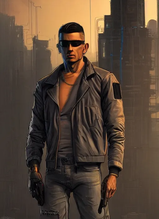 Image similar to Handsome Javier. good looking cyberpunk fitness dude. attractive face. Realistic Proportions. Concept art by James Gurney and Laurie Greasley. Moody Industrial skyline. ArtstationHQ. Creative character design for cyberpunk 2077.