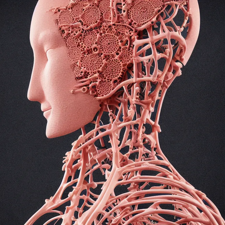 Image similar to portrait of beautiful!! horizontally symmetrical!! ceramic woman's head with coral!! reef hair. mechanical skeleton, biomechanical android. soft light painted by moebius, inspired by mary jane ansell, smooth face feature, horizontal symmetry!!!, intricate, studio photography, high detail