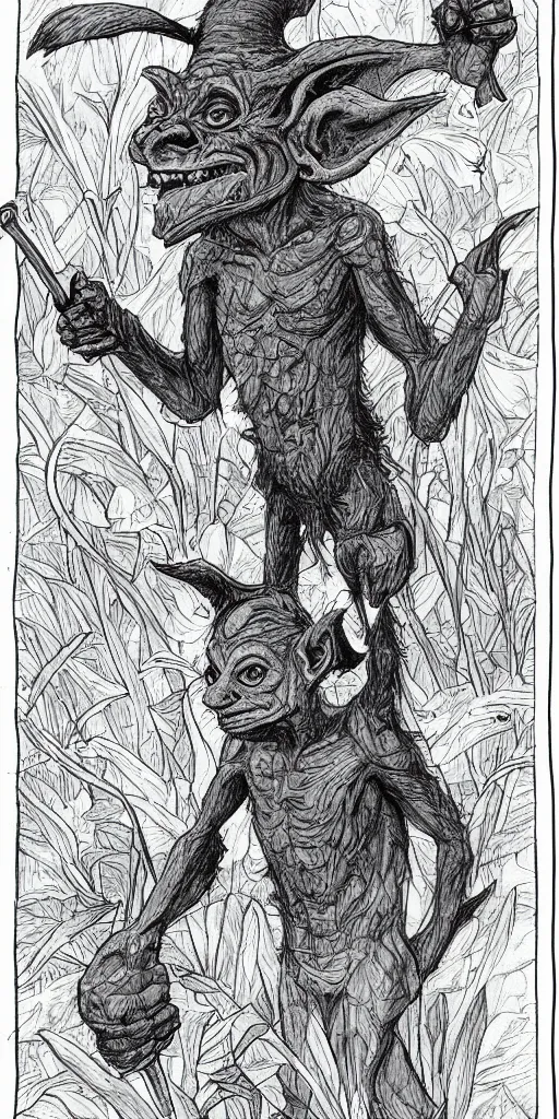 Prompt: field guide page with an illustration of a goblin. highly detailed realistic rendering