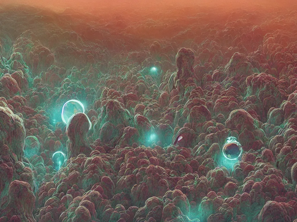 Image similar to it came from outer space by beeple : 4, a 8 k instax film rendered in unreal engine : 2, collaboration between zdzisław beksinski and salvador dali, a micrograph of mutant chlorociboria spores and hyphae, interstellar earthstar geastrum enigma