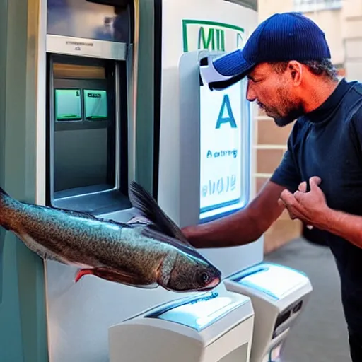 Image similar to Man withdrawing a stack of fish from an ATM