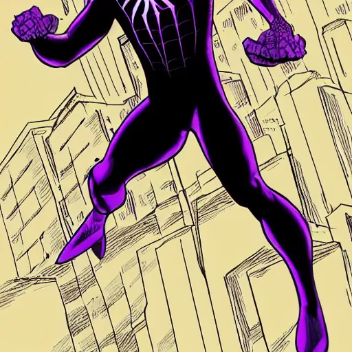 Image similar to black and purple spiderman drawn in comic book art style by steve ditko, 4 k digital art