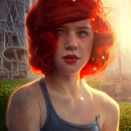 Image similar to red hair girl, chernobyl powerplant, disneyland castle, rubble, flowers, vines, hyperrealistic, highly detailed, cinematic, single ray of golden sunlight, beautiful, cgssociety, artstation, 8 k, oil painting by greg rutkowski, by artgerm, by wlop