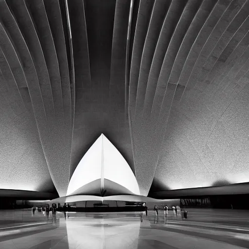 Image similar to dark interior of a futuristic lotus temple with a shafts of sunlight from the roof, gold, red and white marble panels, in the desert, by buckminster fuller and syd mead, intricate contemporary architecture, photo journalism, photography, cinematic, national geographic photoshoot