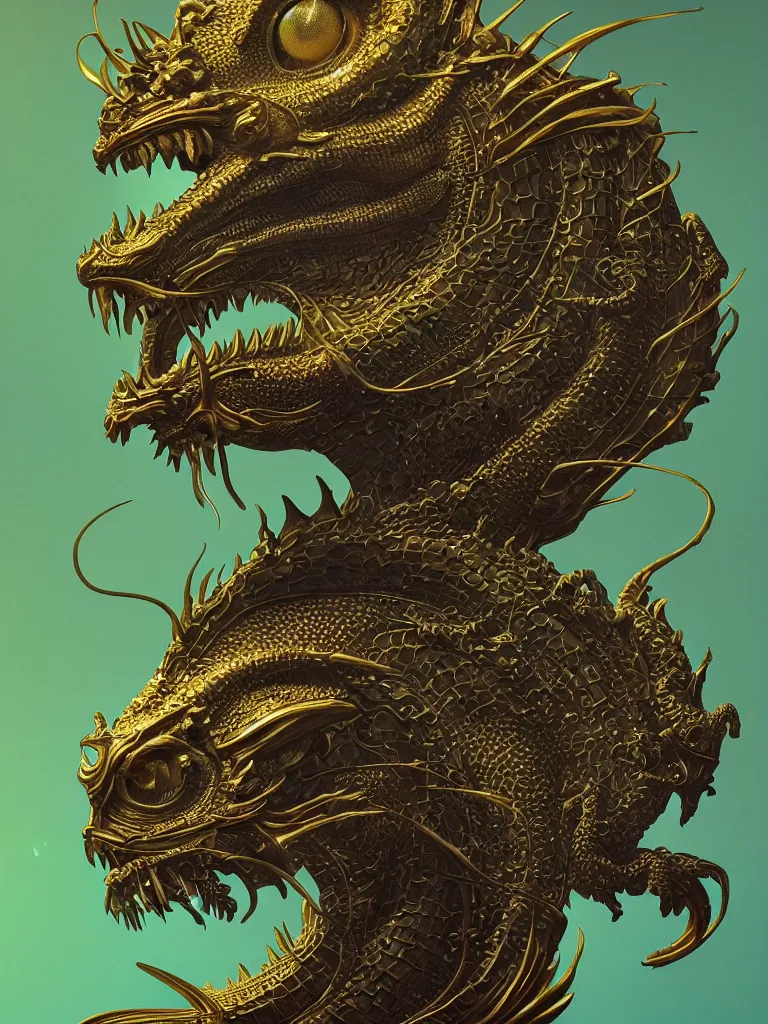 Prompt: close-up portrait dragon head, 3d composition, mucha, New art nouveau, gold betta fish, bioluminescent, intricate artwork by Tooth Wu and wlop and beeple. octane render, trending on artstation, greg rutkowski very coherent symmetrical artwork. cinematic, hyper realism, high detail, octane render, black studio background, 8k