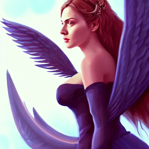 Image similar to 3 / 4 view of a portrait of a pretty woman with wings with wings, confident pose, digital painting, artstation, concept art, smooth, sharp focus, illustration, trending on artstation, highly detailed, concept art, moonlight, trending on artstation, imax 7 0 mm, h 6 4 0