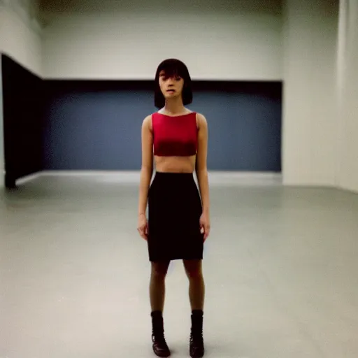 Image similar to a lone female android girlfriend stands motionless in front of the camera in an empty retail backroom room with cinestill 7 0's film liminal, flash photography