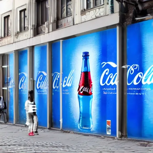 blue coca cola ad in the city, Stable Diffusion