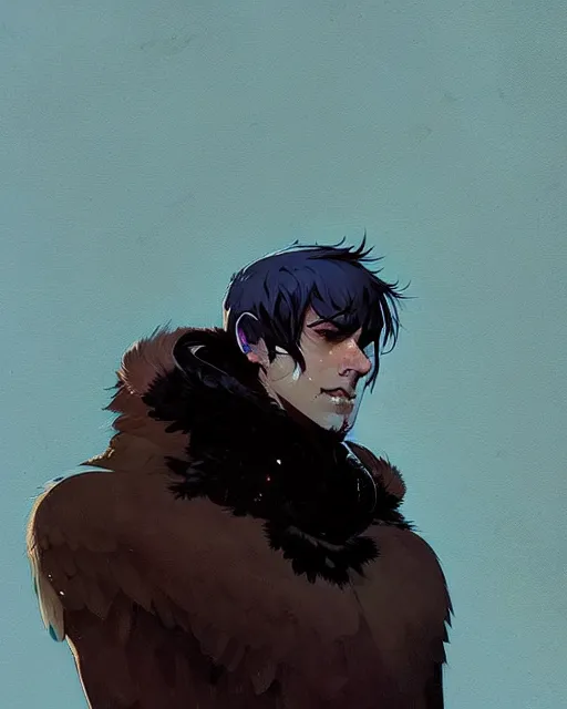 Prompt: portrait of raven male lord with dark hair and golden eyes, by atey ghailan, by greg rutkowski, by greg tocchini, by james gilleard, by joe fenton, by kaethe butcher, dynamic lighting, gradient light blue, brown, blonde cream and white color scheme, grunge aesthetic