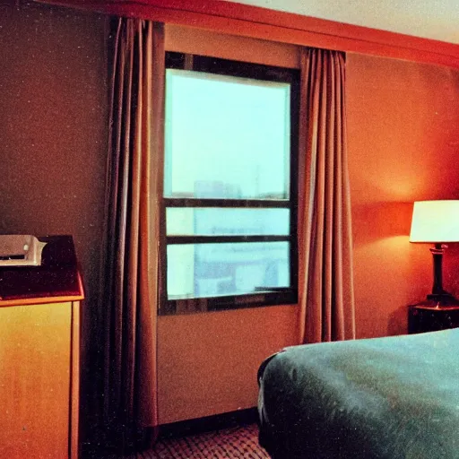 Image similar to a picture of shadow-figure in a 1970's hotel room taken on a disposable camera, tilt-shifted, real-estate-photography