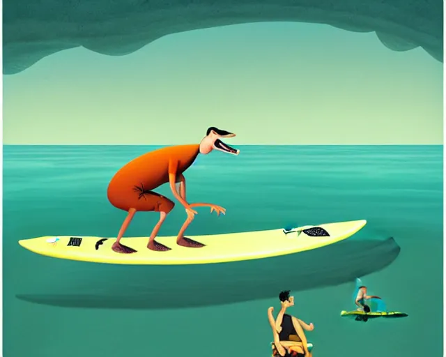 Image similar to a man surfing on a crocodile alike surfboard, a man using a crocodile as a longboard, funny cartoonish, by gediminas pranckevicius, 8 k cartoon illustration, impressive perspective