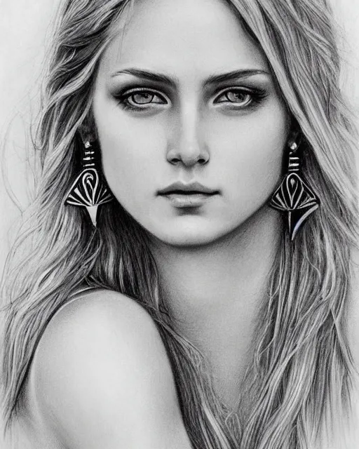 Image similar to pencil drawing of a beautiful greek goddess aphrodite with arrowhead earrings, beautiful piercing eyes, beautiful blonde hair, hyper realistic face, in the style of greg rutkowski, fantasy, amazing detail, epic, elegant, smooth, sharp focus, from the front