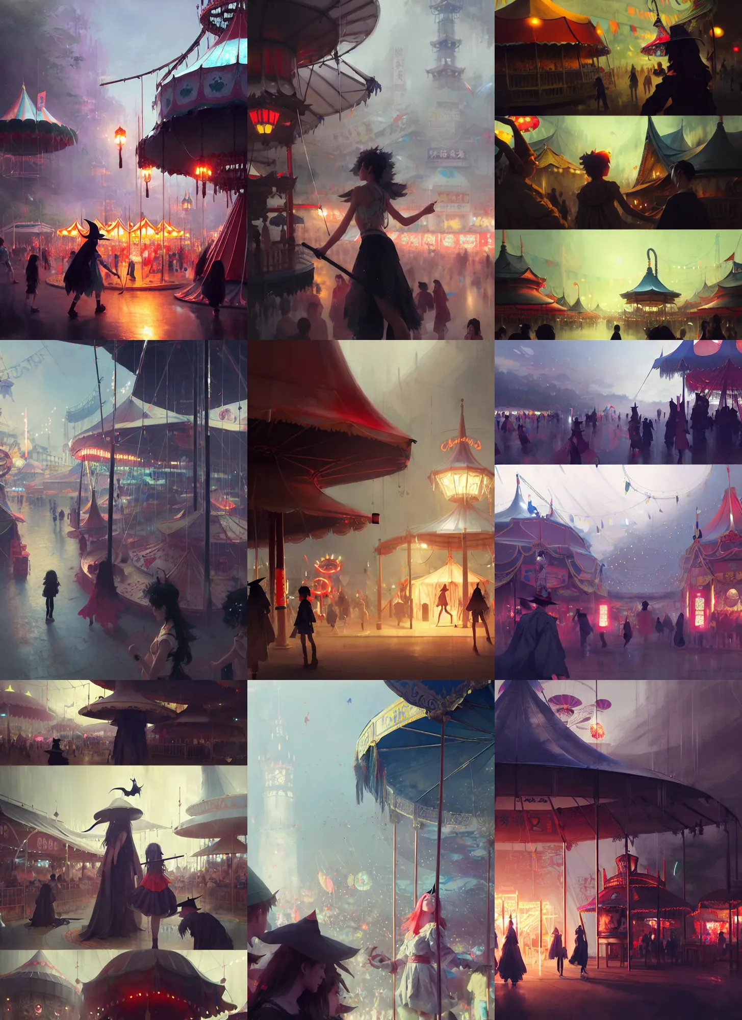 Image similar to close - up of student witches exploring and patrolling around a small carnival amusement, food stalls, big top circus tent, roaming entertainers, flashing lights, highly detailed, magical, japan mountains, digital painting, concept art, matte, art by ruan jia and wlop and greg rutkowski and makoto shinkai, masterpiece