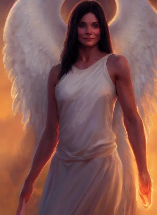 Prompt: cute young courtney cox as a heavenly angel, anatomy, bathed in light, highly detailed, photorealistic, artstation, smooth, sharp focus, illustration, unreal engine 5, 8 k, art by artgerm and greg rutkowski and edgar maxence