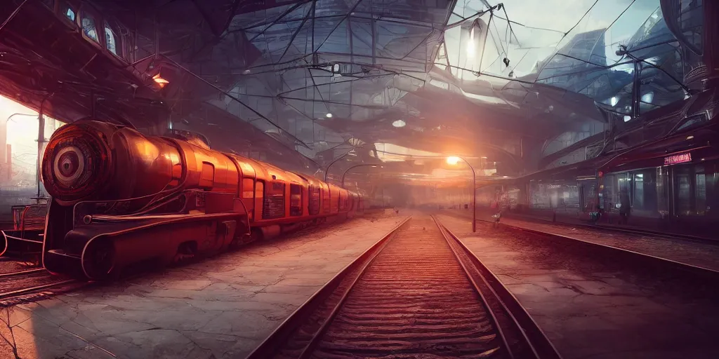 Image similar to futuristic steampunk train in railstation, stunning volumetric lighting, sundown, trending on Artstation, 8k, photorealistic, hyper detailed, unreal engine 5, cinematic, epic lighting, cryengine, octane render, cyberpunk, red and orange glow