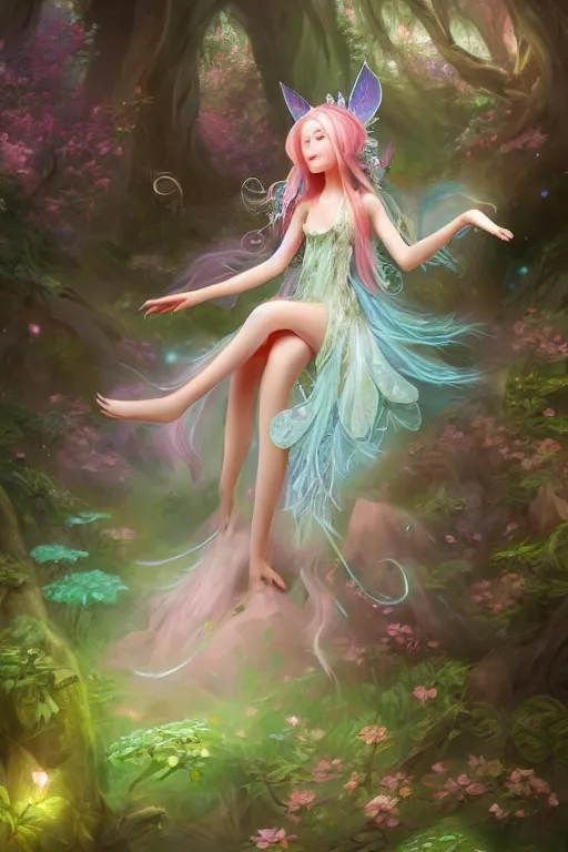 Image similar to a cute and geogerous fairy in the dreamy forest, fantasy, dreamlike, 8 k resolution, hyper detailed, d & d, character design, digital painting, trending on artstation, sharp focus, illustration, art by viktoria gavrilenko, hoang lap, fuji choko, steve zheng,