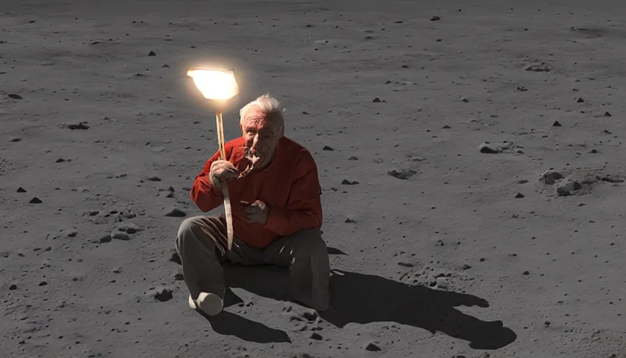 Prompt: old man eating a sausage on the lunar surface, cinematic lighting, 8k,