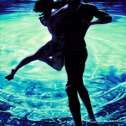 Image similar to silhouette submerged in a pool, stormy weather, extremely detailed masterpiece, oil on canvas, low-key neon lighting, artstation, Blade Runner 2049, Roger Deakin’s cinematography, by J. C. Leyendecker and Peter Paul Rubens,