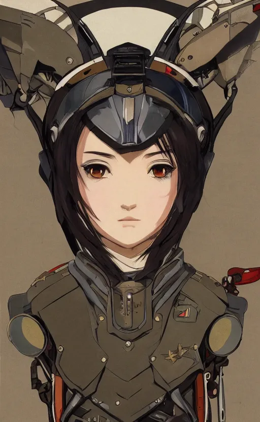 Image similar to front portrait of mechanized valkyrie, anime style, world war 2, vintage clothing, spread wings, short hair, hair down, symmetrical facial features, from arknights, hyper realistic, 4 k, rule of thirds, extreme detail, detailed drawing, safebooru, hd, d & d, realistic lighting, by alphonse mucha, greg rutkowski, backlit