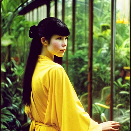 Image similar to Medium format photograph of an perfect woman wearing a yellow kimono in a tropical greenhouse, by james gurney, by john william waterhouse