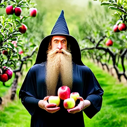 Image similar to beautiful professional portrait photograph of a wizard with a very long beard brewing potions in an apple orchard