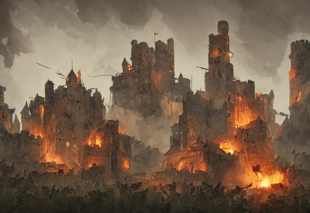 Image similar to handmade illustration of an small medieval castle being attacked by some medieval soldiers, fire and smoke, catapults and arrows, line art, ink, heavy brushstrokes, watercolor by Kilian Eng and by Jake Parker, winning-award masterpiece, fantastic, octane render, 8K HD Resolution, High quality image