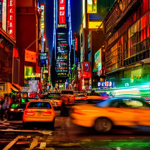 Image similar to color night shot of new york city street scene but it looks like tokyo japan, photorealistic,8k, XF IQ4, 150MP, 50mm, F1.4, ISO 200, 1/160s, natural light