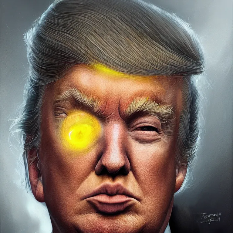 Image similar to a portrait of Donald Trump, his eyes glow yellow, in style of Tom Bagshaw, attractive, highly detailed portrait, scifi, digital painting, artstation, concept art, smooth, sharp foccus ilustration, Artstation HQ