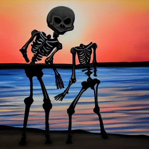 Image similar to skeleton wedding, sunset, cheerful, painting