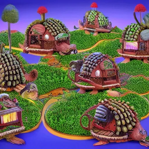 Prompt: a armadillo city with broccoli houses, highly detailed, fantasy art