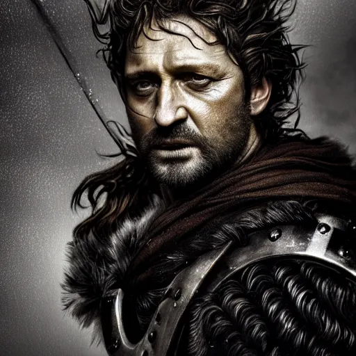 Prompt: attractive middle aged celtic king, looks like gerard butler, grey streak in black hair, silver crown, detailed clear skin, portrait, full body, dark atmosphere, faded colours, soft tones, painted by Jean-Honore Fragonard, Wes Anderdon lut, 8k octane engine, dramatic lighting, 8k, cinematic lighting, photography