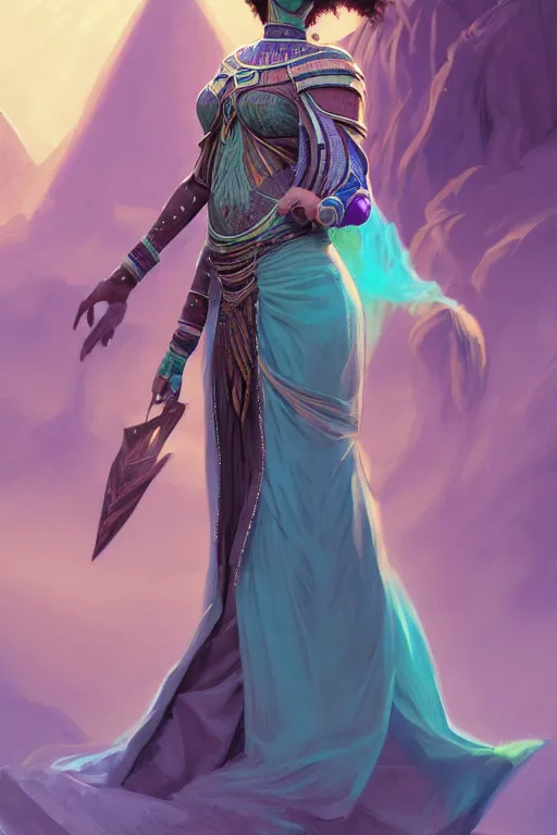 Prompt: beautiful wizard female with teal skin, full body shot, hair made of algae, egyptian clothing, with a wooden stuff, d & d, fantasy, intricate, elegant, highly detailed, digital painting, artstation, concept art, matte, sharp focus, illustration, hearthstone, art by artgerm and greg rutkowski and alphonse mucha