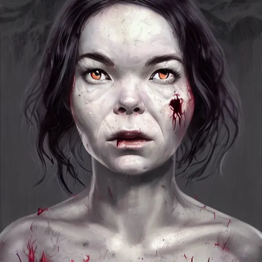 Image similar to head portrait of clothed young adult bjork as a zombie, 7 days to die zombie, gritty background, fine art, award winning, intricate, elegant, sharp focus, cinematic lighting, digital painting, 8 k concept art, art by michael hussar, art by brom, art by guweiz and z. w. gu, 8 k