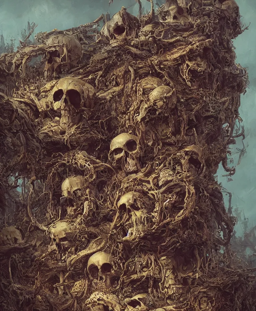 Image similar to close up skull and bones pile, illustrated by Simon Stålenhag and Gaston Bussiere, intricate, ultra detailed, photorealistic, trending on artstation